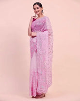 Embroidery Pink Saree With Unstiched Blouse Piece-MWPK-301A-PINK